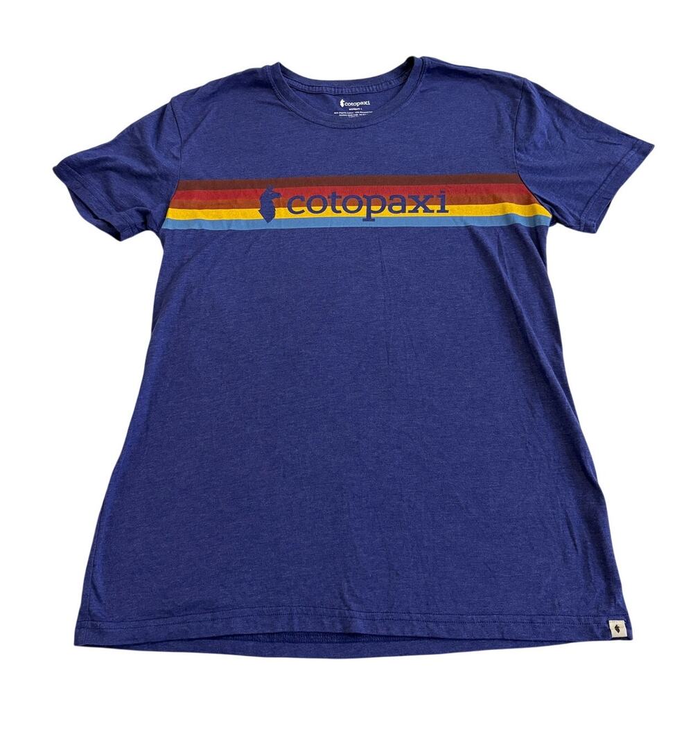 Cotopaxi Women's Large Blue Heather Llama Rainbow Stripe Short Sleeve T-Shirt